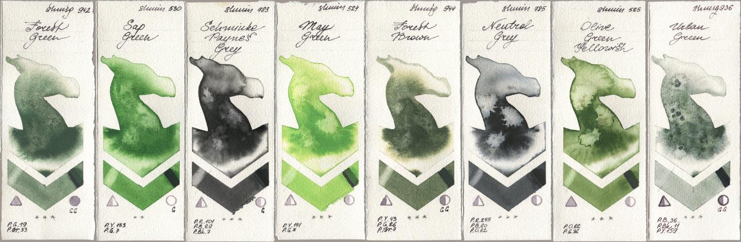 Shminke Horadam Aquarell 942 Forest Green, 530 Sap Green, 783 Schmincke Paynes Grey, 524 May Green, 944 Forest Brown, 785 Neutral Grey, 525 Olive Green Yellowish, 936 Urban Gre watercolor swatch