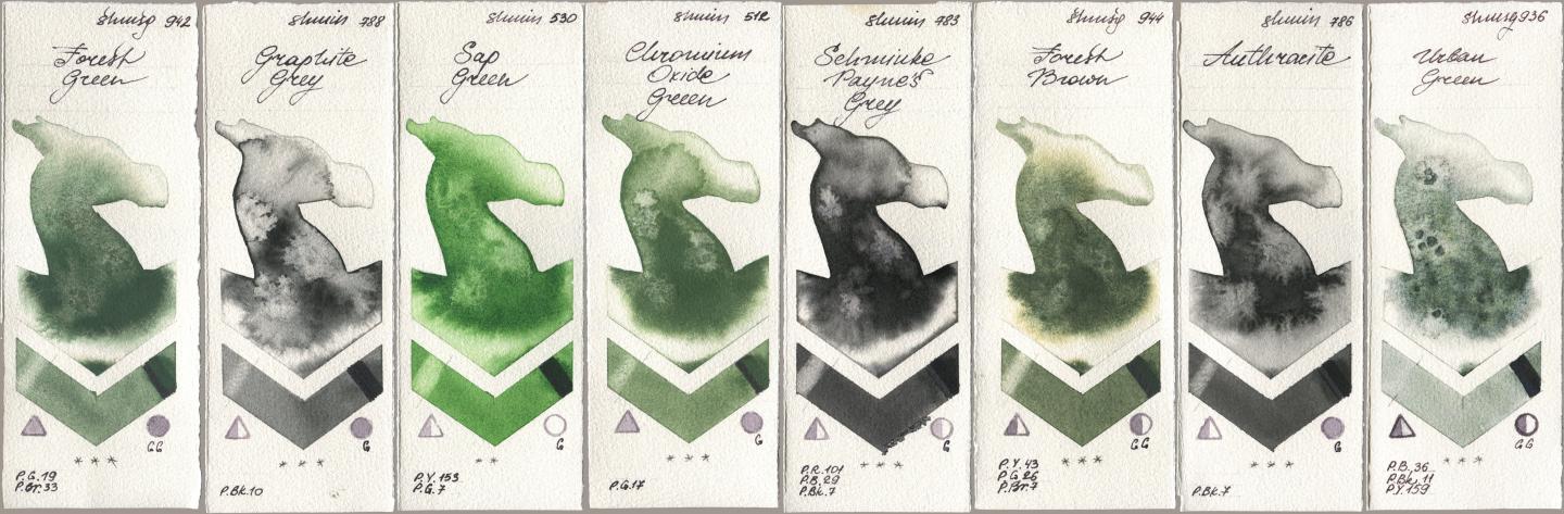 Shminke Horadam Aquarell 942 Forest Green, 788 Graphite Grey, 530 Sap Green, 512 Chromium Oxide Green, 783 Schmincke Paynes Grey, 944 Forest Brown, 786 Anthracite, 936 Urban Gre watercolor swatch