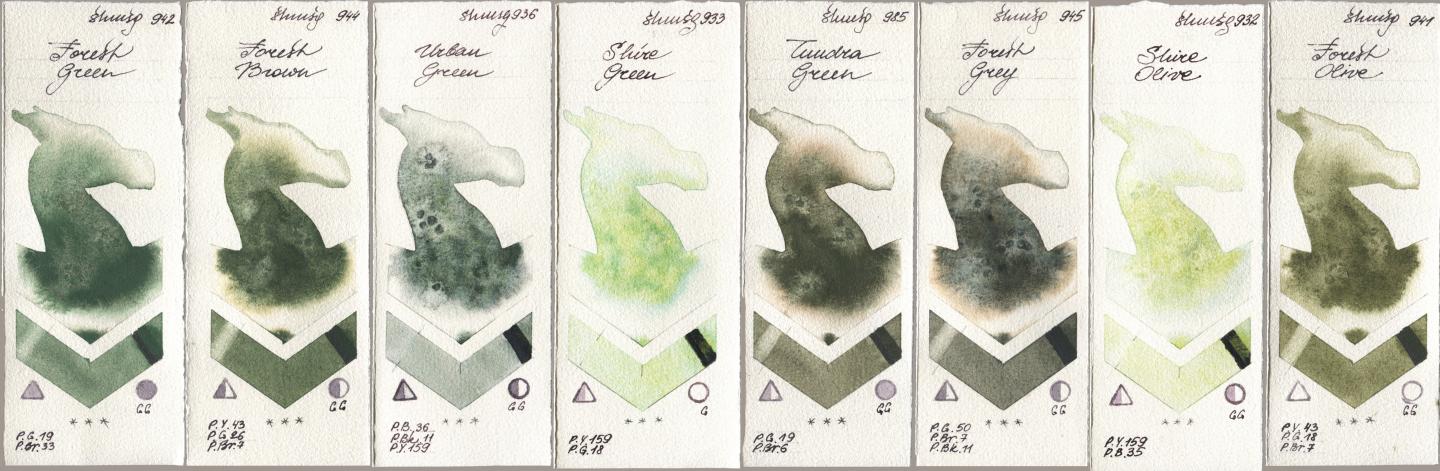 Shminke Horadam Aquarell 942 Forest Green, 944 Forest Brown, 936 Urban Green, 933 Shire Green, 985 Tundra Green, 945 Forest Grey, 932 Shire Olive, 941 Forest Oli watercolor swatch