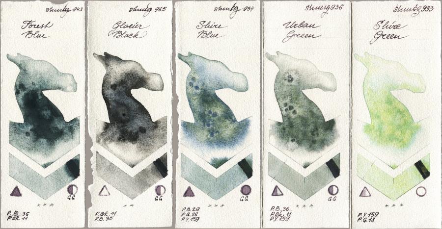 Shminke Horadam Aquarell 943 Forest Blue vs 965 Glacier Black vs 934 Shire Blue vs 936 Urban Green vs 933 Shire Green watercolor swatch