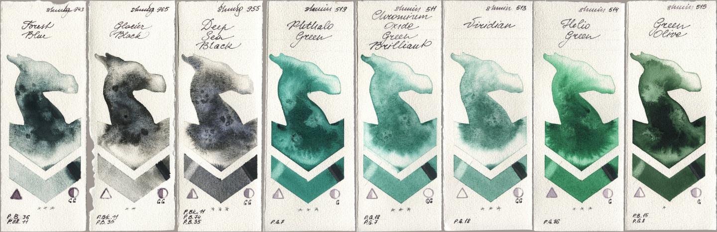Shminke Horadam Aquarell 943 Forest Blue, 965 Glacier Black, 955 Deep Sea Black, 519 Phthalo Green, 511 Chromium Oxide Green Brilliant, 513 Viridian, 514 Helio Green, 515 Green Oli watercolor swatch