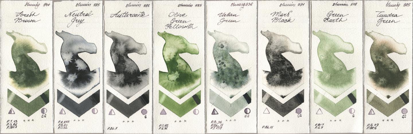 Shminke Horadam Aquarell 944 Forest Brown, 785 Neutral Grey, 786 Anthracite, 525 Olive Green Yellowish, 936 Urban Green, 791 Mars Black, 516 Green Earth, 985 Tundra Gre watercolor swatch