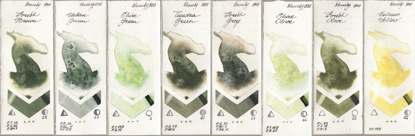 Shminke Horadam Aquarell 944 Forest Brown, 936 Urban Green, 933 Shire Green, 985 Tundra Green, 945 Forest Grey, 932 Shire Olive, 941 Forest Olive, 911 Volcano Yell watercolor swatch