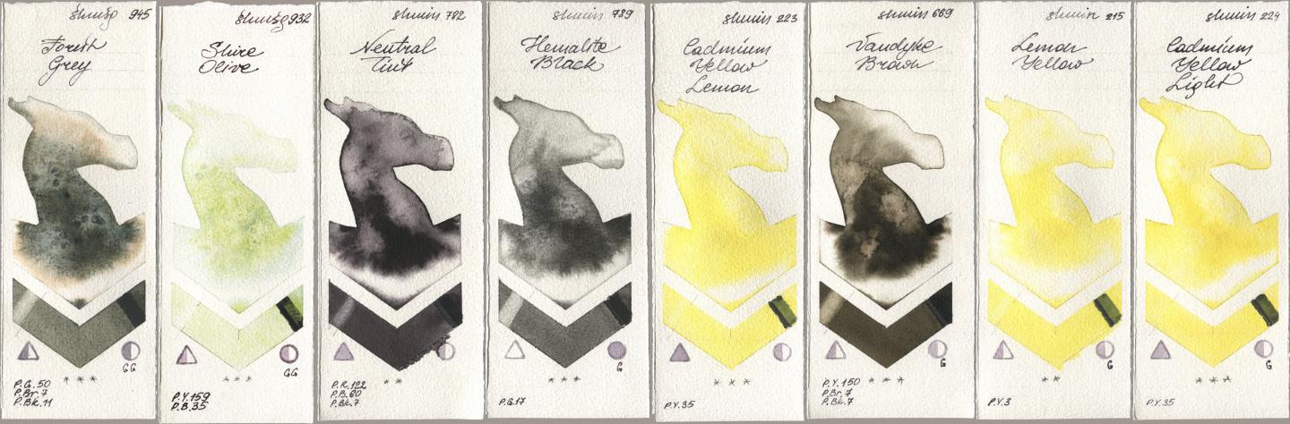 Shminke Horadam Aquarell 945 Forest Grey, 932 Shire Olive, 782 Neutral Tint, 789 Hematite Black, 223 Cadmium Yellow Lemon, 669 Vandyke Brown, 215 Lemon Yellow, 224 Cadmium Yellow Lig watercolor swatch