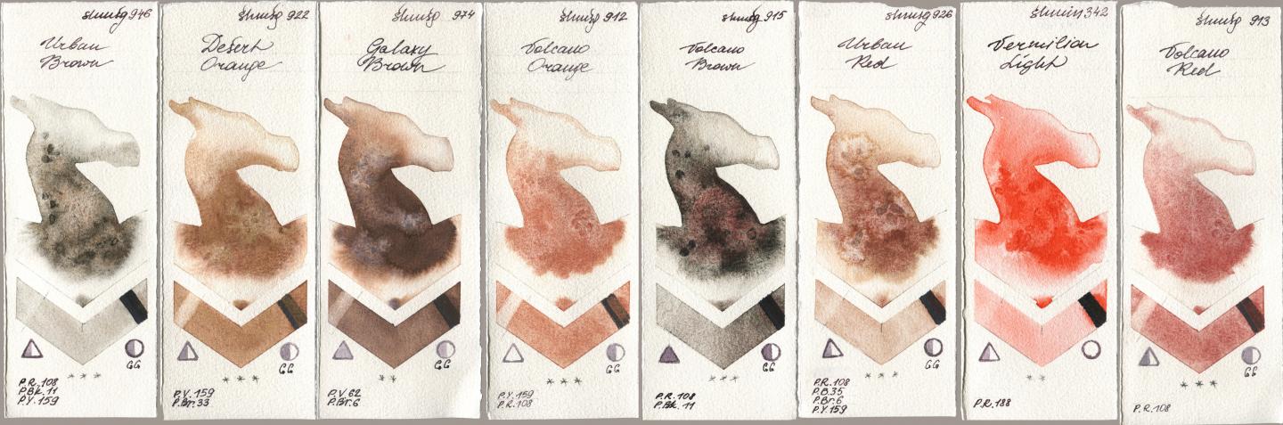 Shminke Horadam Aquarell 946 Urban Brown, 922 Desert Orange, 974 Galaxy Brown, 912 Volcano Orange, 915 Volcano Brown, 926 Urban Red, 342 Vermilion Light, 913 Volcano R watercolor swatch