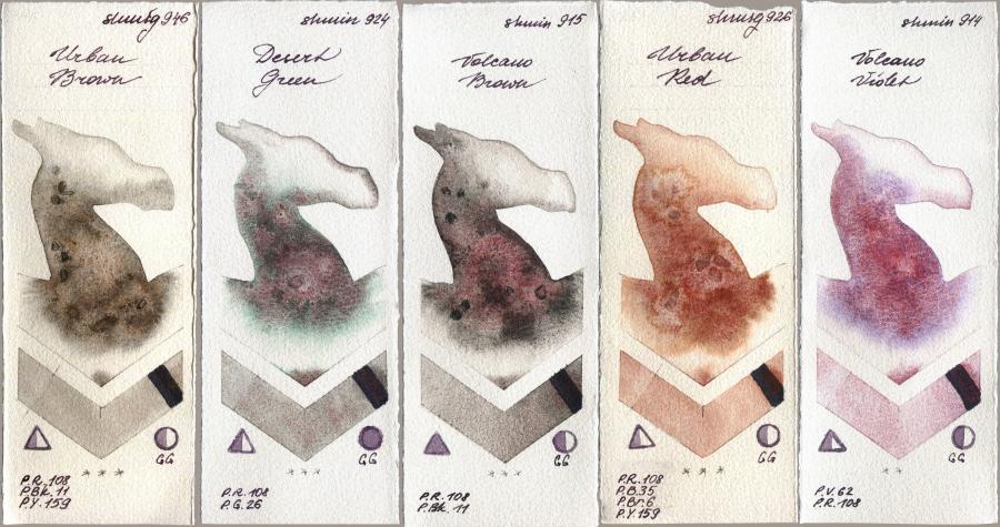 Shminke Horadam Aquarell 946 Urban Brown vs 924 Desert Green vs 915 Volcano Brown vs 926 Urban Red vs 914 Volcano Violet watercolor swatch