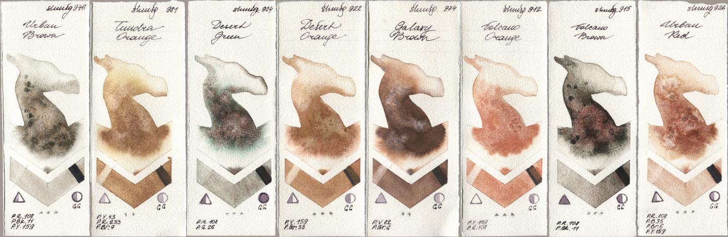 Shminke Horadam Aquarell 946 Urban Brown, 981 Tundra Orange, 924 Desert Green, 922 Desert Orange, 974 Galaxy Brown, 912 Volcano Orange, 915 Volcano Brown, 926 Urban R watercolor swatch