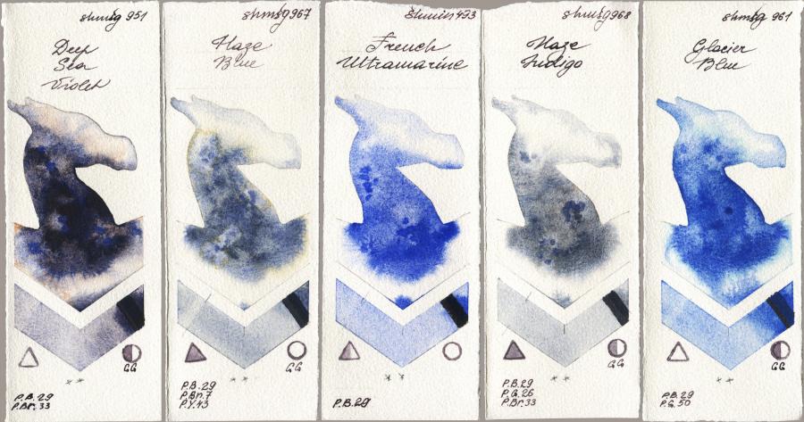 Shminke Horadam Aquarell 951 Deep Sea Violet vs 967 Haze Blue vs 493 French Ultramarine vs 968 Haze Indigo vs 961 Glacier Blue watercolor swatch