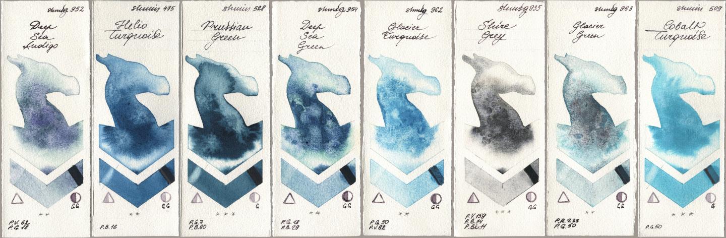 Shminke Horadam Aquarell 952 Deep Sea Indigo, 475 Helio Turquoise, 528 Prussian Green, 954 Deep Sea Green, 962 Glacier Turquoise, 935 Shire Grey, 963 Glacier Green, 509 Cobalt Turquoi watercolor swatch