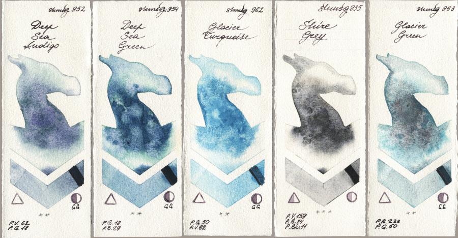 Shminke Horadam Aquarell 952 Deep Sea Indigo vs 954 Deep Sea Green vs 962 Glacier Turquoise vs 935 Shire Grey vs 963 Glacier Green watercolor swatch