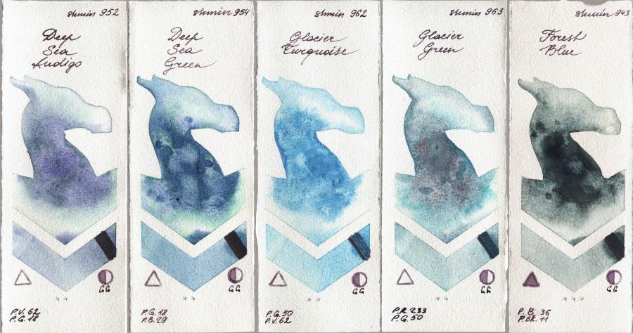 Shminke Horadam Aquarell 952 Deep Sea Indigo vs 954 Deep Sea Green vs 962 Glacier Turquoise vs 963 Glacier Green vs 943 Forest Blue watercolor swatch