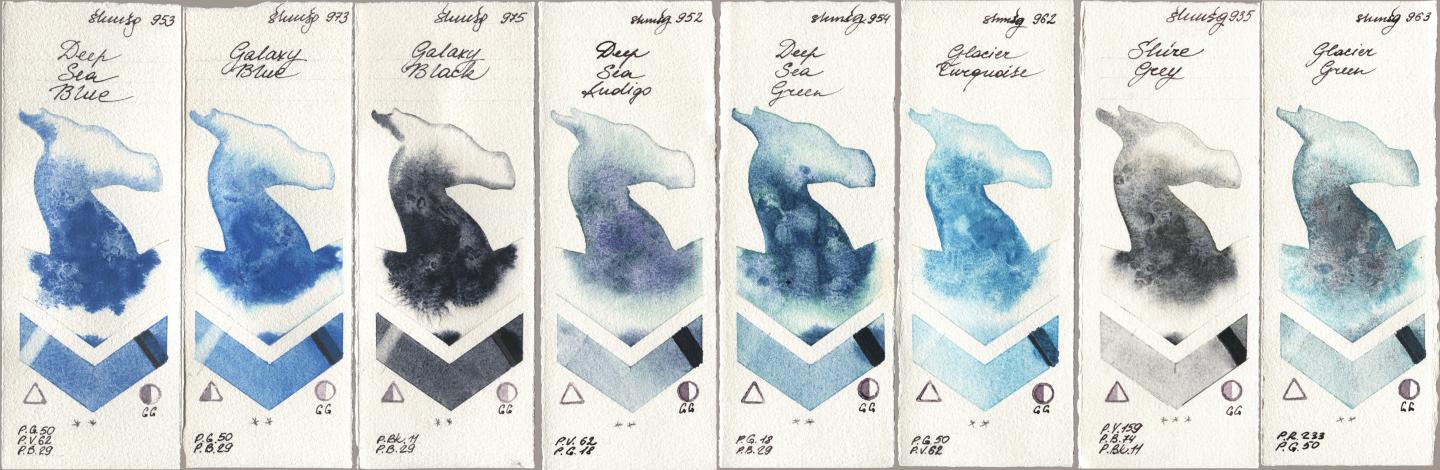 Shminke Horadam Aquarell 953 Deep Sea Blue, 973 Galaxy Blue, 975 Galaxy Black, 952 Deep Sea Indigo, 954 Deep Sea Green, 962 Glacier Turquoise, 935 Shire Grey, 963 Glacier Gre watercolor swatch