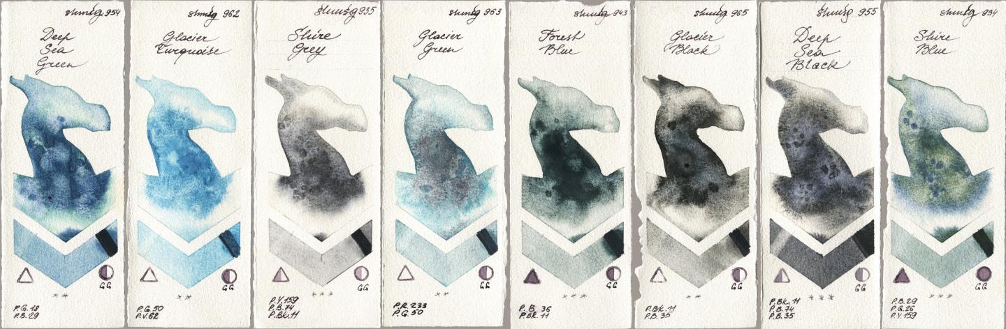 Shminke Horadam Aquarell 954 Deep Sea Green, 962 Glacier Turquoise, 935 Shire Grey, 963 Glacier Green, 943 Forest Blue, 965 Glacier Black, 955 Deep Sea Black, 934 Shire Bl watercolor swatch