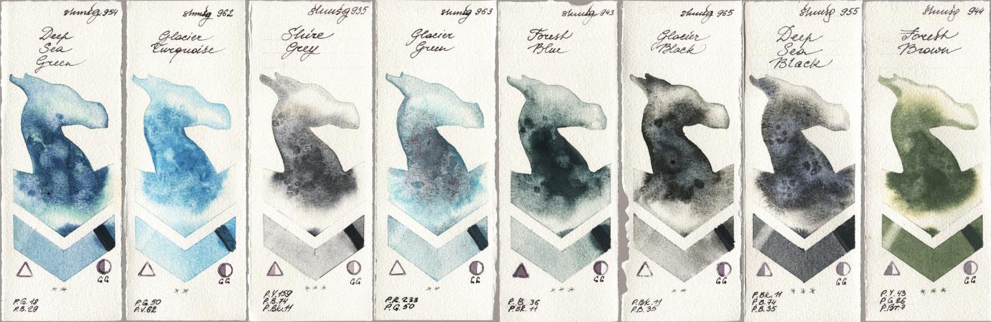Shminke Horadam Aquarell 954 Deep Sea Green, 962 Glacier Turquoise, 935 Shire Grey, 963 Glacier Green, 943 Forest Blue, 965 Glacier Black, 955 Deep Sea Black, 944 Forest Bro watercolor swatch