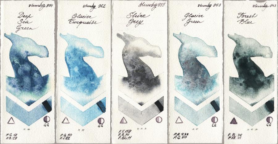Shminke Horadam Aquarell 954 Deep Sea Green vs 962 Glacier Turquoise vs 935 Shire Grey vs 963 Glacier Green vs 943 Forest Blue watercolor swatch