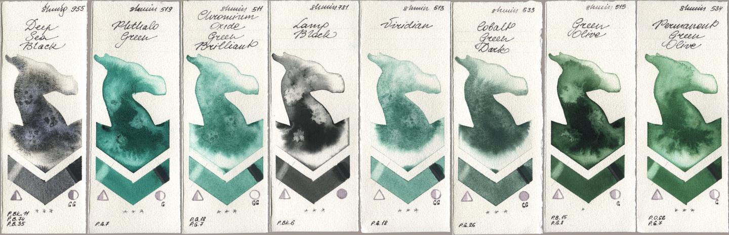 Shminke Horadam Aquarell 955 Deep Sea Black, 519 Phthalo Green, 511 Chromium Oxide Green Brilliant, 781 Lamp Black, 513 Viridian, 533 Cobalt Green Dark, 515 Green Olive, 534 Permanent Green Oli watercolor swatch