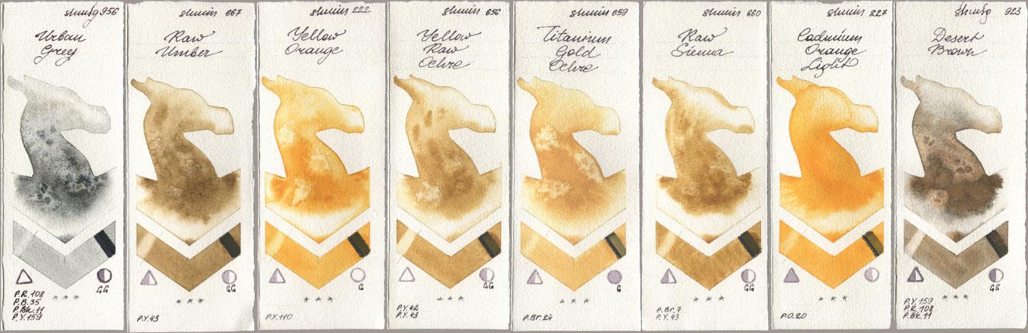 Shminke Horadam Aquarell 956 Urban Grey, 667 Raw Umber, 222 Yellow Orange, 656 Yellow Raw Ochre, 659 Titanium Gold Ochre, 660 Raw Sienna, 227 Cadmium Orange Light, 923 Desert Bro watercolor swatch