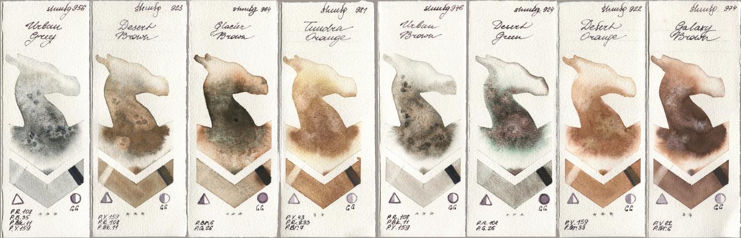 Shminke Horadam Aquarell 956 Urban Grey, 923 Desert Brown, 964 Glacier Brown, 981 Tundra Orange, 946 Urban Brown, 924 Desert Green, 922 Desert Orange, 974 Galaxy Bro watercolor swatch