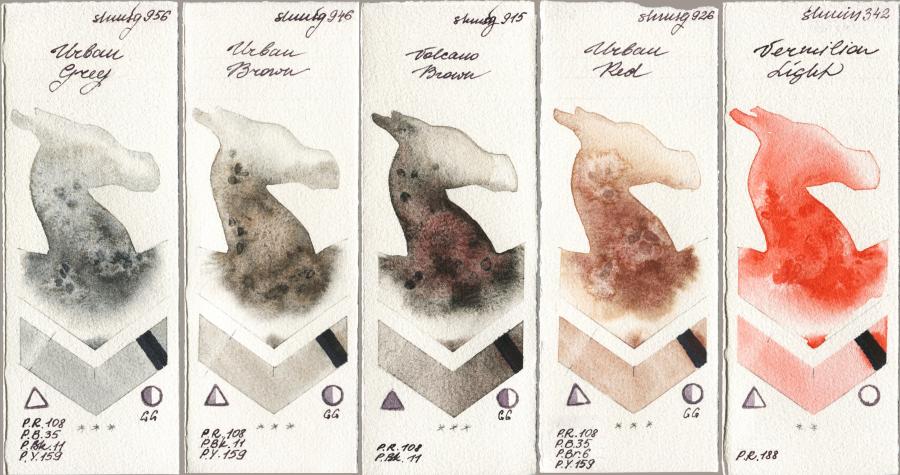 Shminke Horadam Aquarell 956 Urban Grey vs 946 Urban Brown vs 915 Volcano Brown vs 926 Urban Red vs 342 Vermilion Light watercolor swatch
