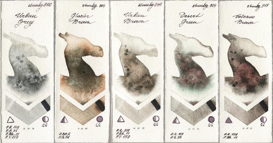 Shminke Horadam Aquarell 956 Urban Grey vs 964 Glacier Brown vs 946 Urban Brown vs 924 Desert Green vs 915 Volcano Brown watercolor swatch