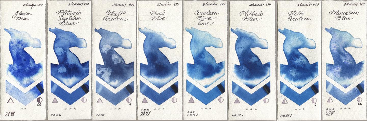 Shminke Horadam Aquarell 961 Glacier Blue, 477 Phthalo Saphire Blue, 499 Cobalt Cerulean, 491 Paris Blue, 481 Cerulean Blue Tone, 484 Phthalo Blue, 479 Helio Cerulean, 480 Mountain Bl watercolor swatch