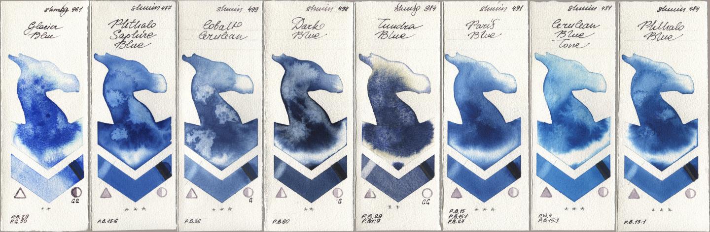 Shminke Horadam Aquarell 961 Glacier Blue, 477 Phthalo Saphire Blue, 499 Cobalt Cerulean, 498 Dark Blue, 984 Tundra Blue, 491 Paris Blue, 481 Cerulean Blue Tone, 484 Phthalo Bl watercolor swatch