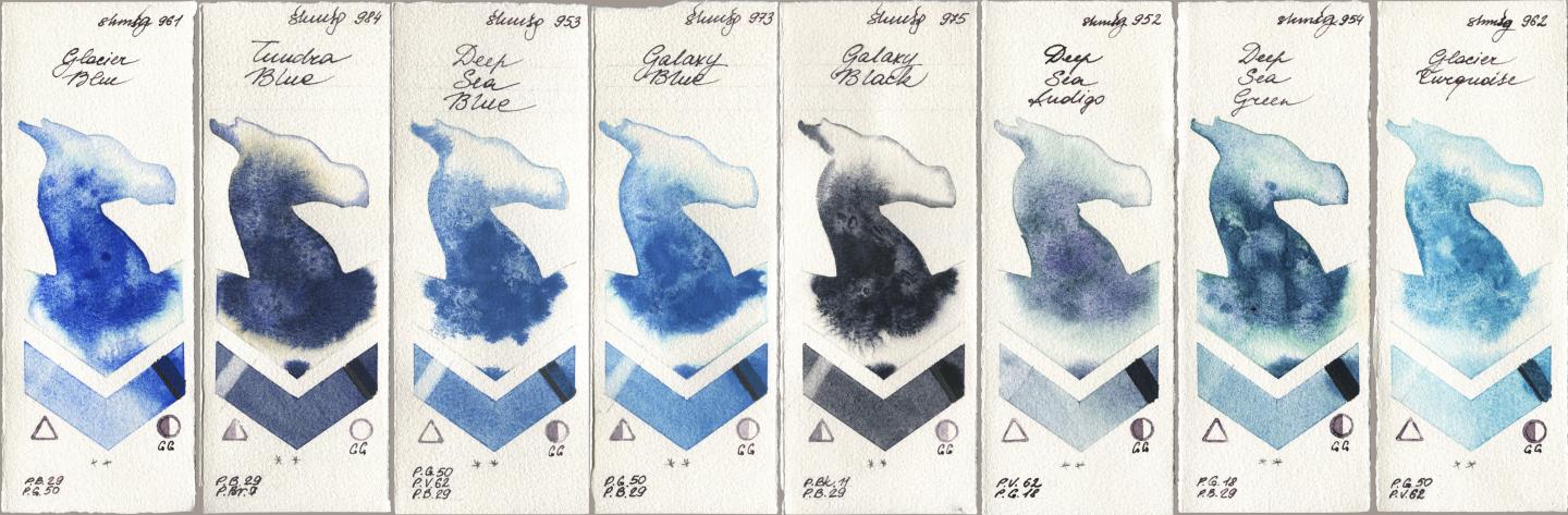 Shminke Horadam Aquarell 961 Glacier Blue, 984 Tundra Blue, 953 Deep Sea Blue, 973 Galaxy Blue, 975 Galaxy Black, 952 Deep Sea Indigo, 954 Deep Sea Green, 962 Glacier Turquoi watercolor swatch