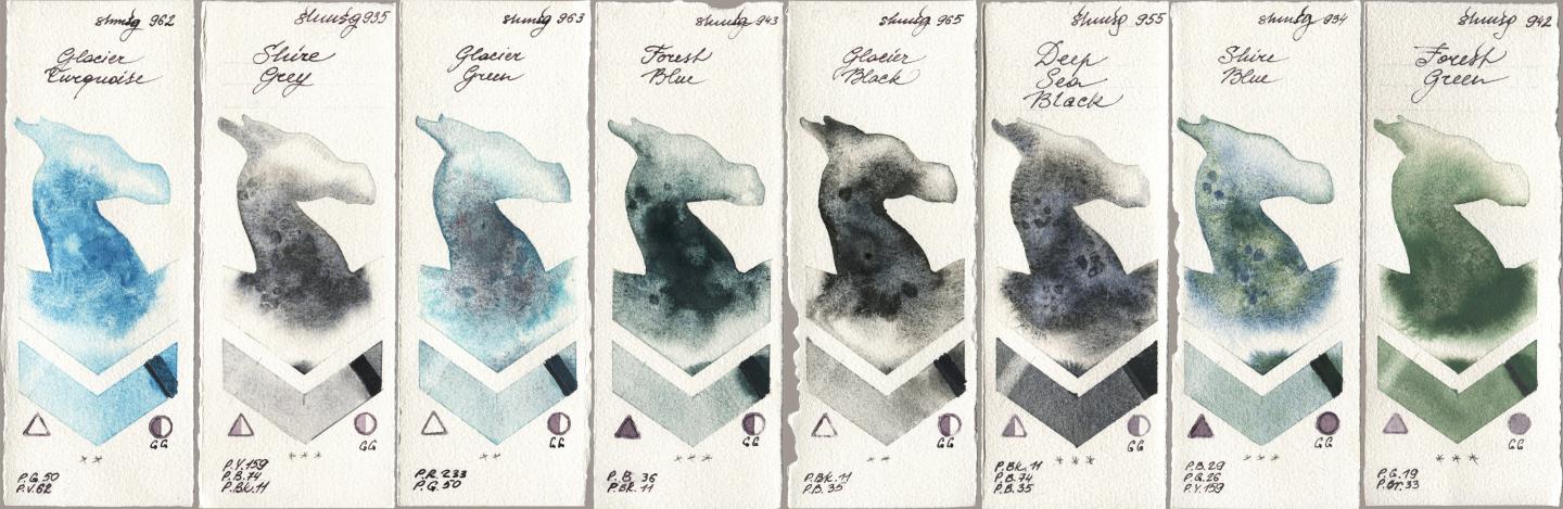 Shminke Horadam Aquarell 962 Glacier Turquoise, 935 Shire Grey, 963 Glacier Green, 943 Forest Blue, 965 Glacier Black, 955 Deep Sea Black, 934 Shire Blue, 942 Forest Gre watercolor swatch