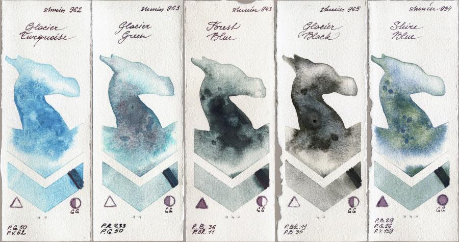 Shminke Horadam Aquarell 962 Glacier Turquoise vs 963 Glacier Green vs 943 Forest Blue vs 965 Glacier Black vs 934 Shire Blue watercolor swatch
