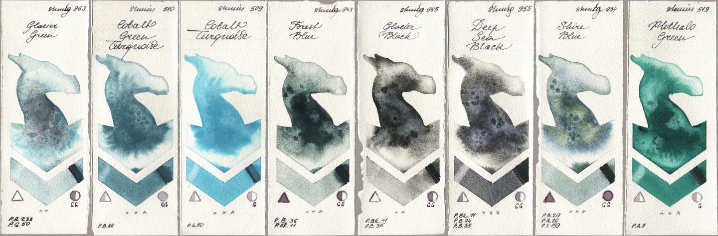 Shminke Horadam Aquarell 963 Glacier Green, 510 Cobalt Green Turquoise, 509 Cobalt Turquoise, 943 Forest Blue, 965 Glacier Black, 955 Deep Sea Black, 934 Shire Blue, 519 Phthalo Gre watercolor swatch