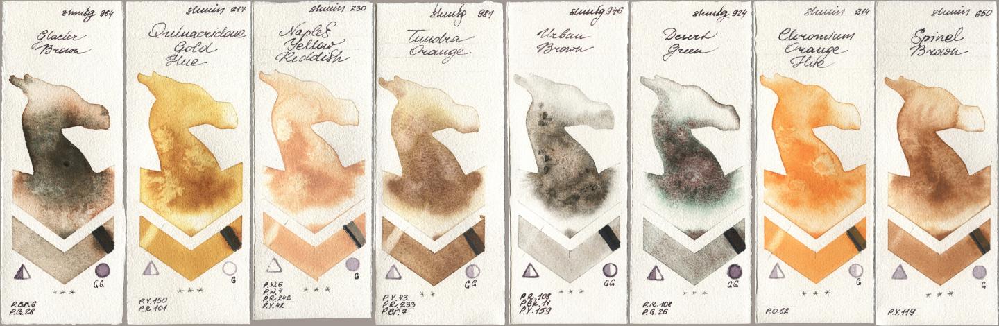 Shminke Horadam Aquarell 964 Glacier Brown, 217 Quinacridone Gold Hue, 230 Naples Yellow Reddish, 981 Tundra Orange, 946 Urban Brown, 924 Desert Green, 214 Chrome Organge LF (Chromium Orange Hue), 650 Spinel Bro watercolor swatch