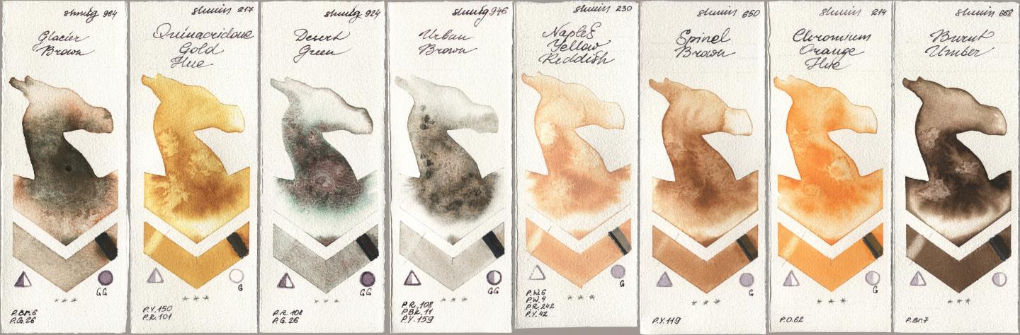 Shminke Horadam Aquarell 964 Glacier Brown, 217 Quinacridone Gold Hue, 924 Desert Green, 946 Urban Brown, 230 Naples Yellow Reddish, 650 Spinel Brown, 214 Chrome Organge LF (Chromium Orange Hue), 668 Burnt Umb watercolor swatch