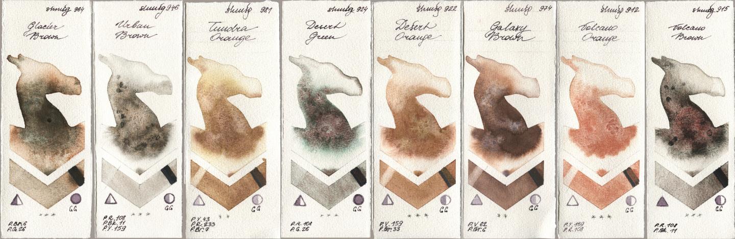 Shminke Horadam Aquarell 964 Glacier Brown, 946 Urban Brown, 981 Tundra Orange, 924 Desert Green, 922 Desert Orange, 974 Galaxy Brown, 912 Volcano Orange, 915 Volcano Bro watercolor swatch