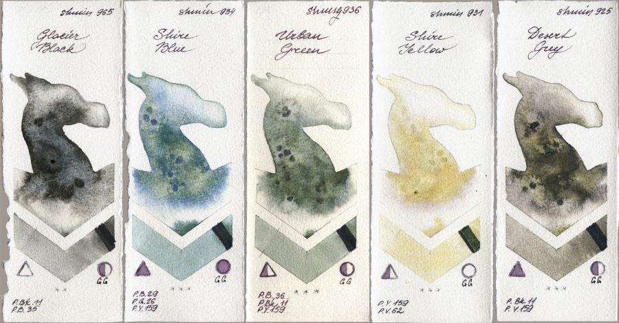 Shminke Horadam Aquarell 965 Glacier Black vs 934 Shire Blue vs 936 Urban Green vs 931 Shire Yellow vs 925 Desert Grey watercolor swatch
