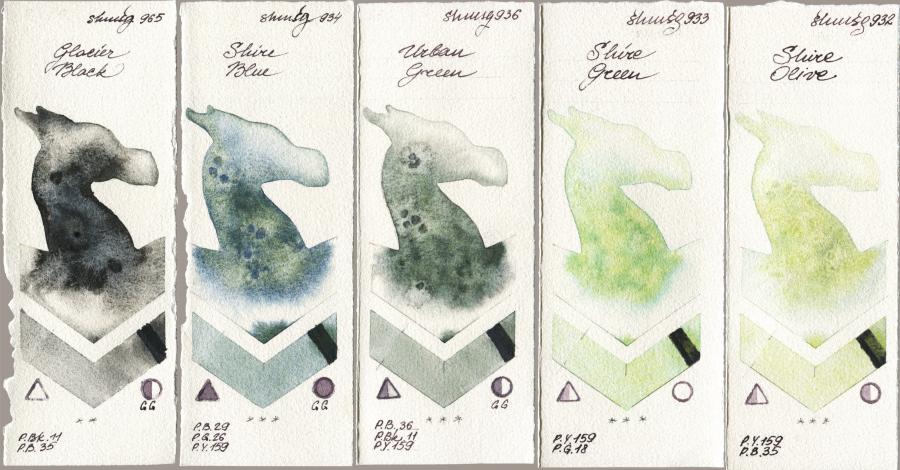 Shminke Horadam Aquarell 965 Glacier Black vs 934 Shire Blue vs 936 Urban Green vs 933 Shire Green vs 932 Shire Olive watercolor swatch