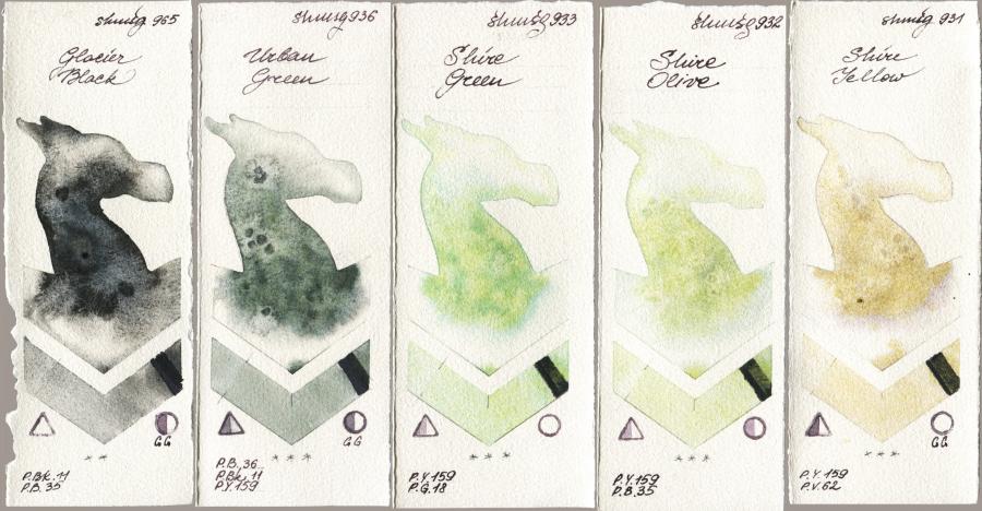 Shminke Horadam Aquarell 965 Glacier Black vs 936 Urban Green vs 933 Shire Green vs 932 Shire Olive vs 931 Shire Yellow watercolor swatch