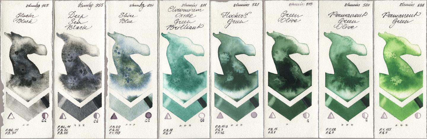 Shminke Horadam Aquarell 965 Glacier Black, 955 Deep Sea Black, 934 Shire Blue, 511 Chromium Oxide Green Brilliant, 521 Hookers Green, 515 Green Olive, 534 Permanent Green Olive, 526 Permanent Gre watercolor swatch