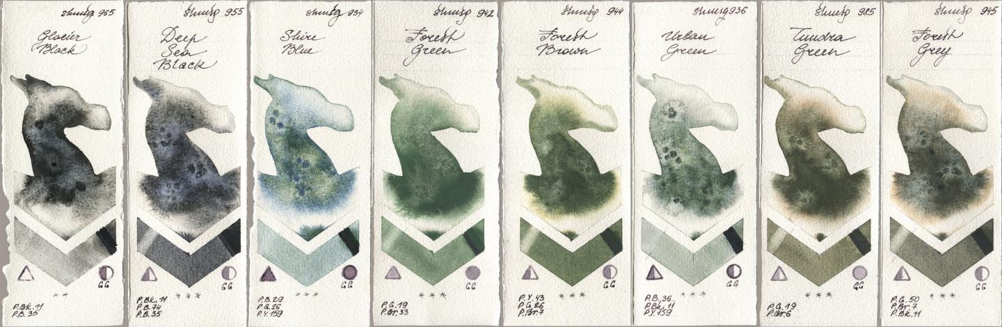 Shminke Horadam Aquarell 965 Glacier Black, 955 Deep Sea Black, 934 Shire Blue, 942 Forest Green, 944 Forest Brown, 936 Urban Green, 985 Tundra Green, 945 Forest Gr watercolor swatch