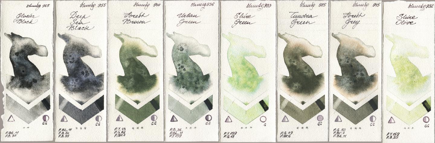 Shminke Horadam Aquarell 965 Glacier Black, 955 Deep Sea Black, 944 Forest Brown, 936 Urban Green, 933 Shire Green, 985 Tundra Green, 945 Forest Grey, 932 Shire Oli watercolor swatch
