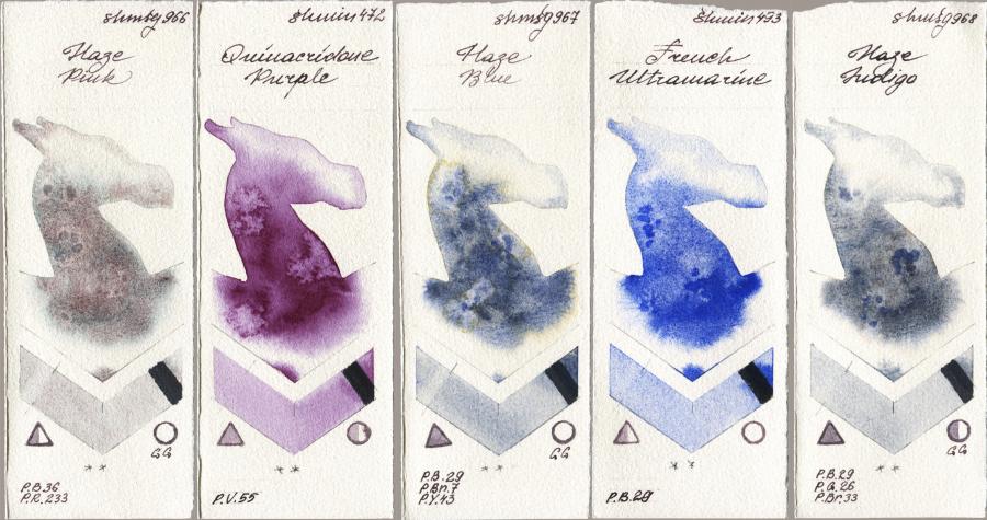 Shminke Horadam Aquarell 966 Haze Pink vs 472 Quinacridone Purple vs 967 Haze Blue vs 493 French Ultramarine vs 968 Haze Indigo watercolor swatch