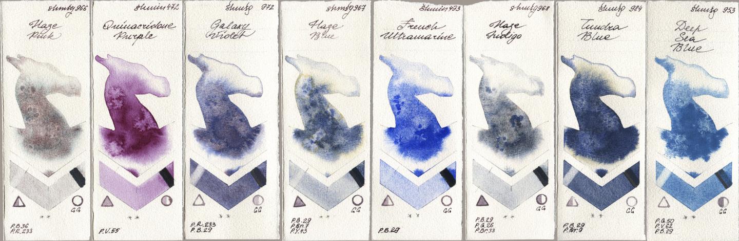 Shminke Horadam Aquarell 966 Haze Pink, 472 Quinacridone Purple, 972 Galaxy Violet, 967 Haze Blue, 493 French Ultramarine, 968 Haze Indigo, 984 Tundra Blue, 953 Deep Sea Bl watercolor swatch