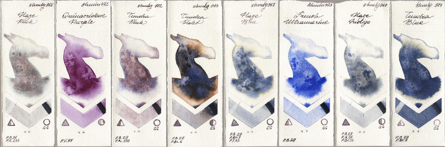 Shminke Horadam Aquarell 966 Haze Pink, 472 Quinacridone Purple, 982 Tundra Pink, 983 Tundra Violet, 967 Haze Blue, 493 French Ultramarine, 968 Haze Indigo, 984 Tundra Bl watercolor swatch