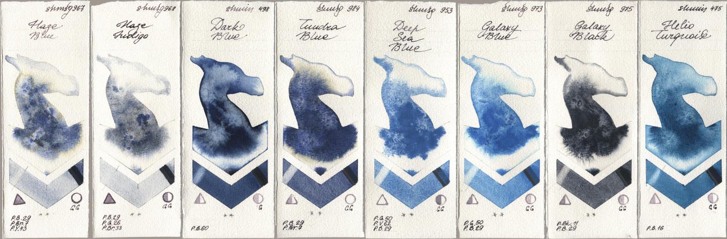 Shminke Horadam Aquarell 967 Haze Blue, 968 Haze Indigo, 498 Dark Blue, 984 Tundra Blue, 953 Deep Sea Blue, 973 Galaxy Blue, 975 Galaxy Black, 475 Helio Turquoi watercolor swatch