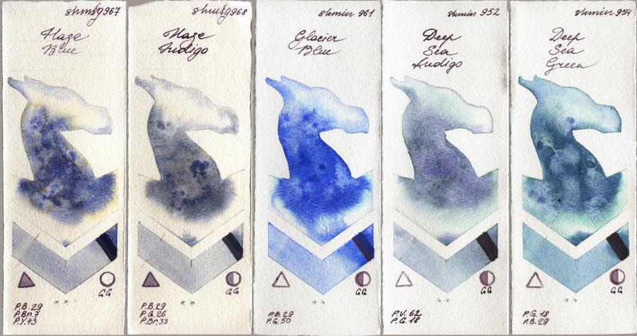 Shminke Horadam Aquarell 967 Haze Blue vs 968 Haze Indigo vs 961 Glacier Blue vs 952 Deep Sea Indigo vs 954 Deep Sea Green watercolor swatch