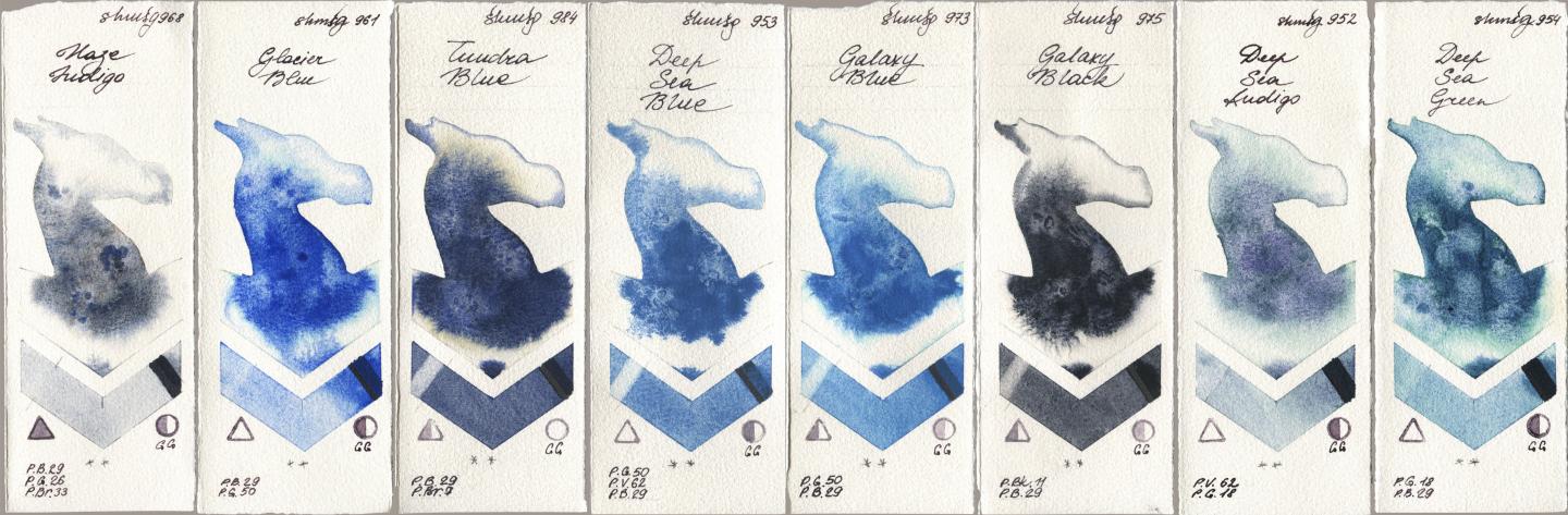 Shminke Horadam Aquarell 968 Haze Indigo, 961 Glacier Blue, 984 Tundra Blue, 953 Deep Sea Blue, 973 Galaxy Blue, 975 Galaxy Black, 952 Deep Sea Indigo, 954 Deep Sea Gre watercolor swatch