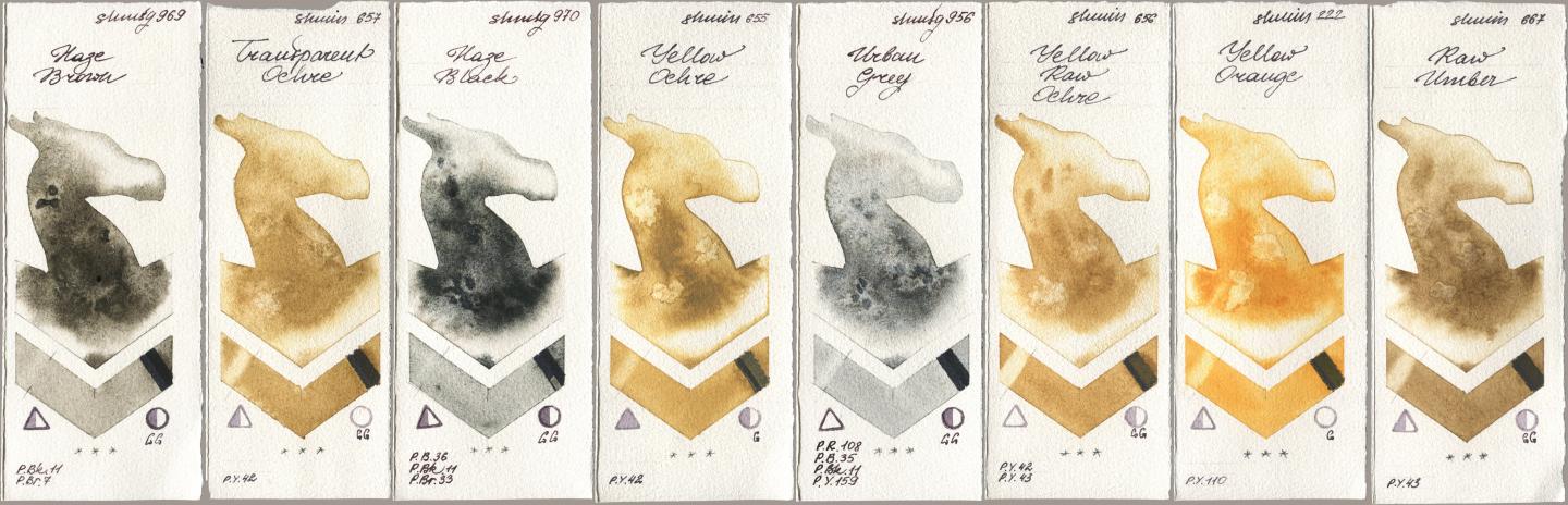 Shminke Horadam Aquarell 969 Haze Brown, 657 Transparent Ochre, 970 Haze Black, 655 Yellow Ochre, 956 Urban Grey, 656 Yellow Raw Ochre, 222 Yellow Orange, 667 Raw Umb watercolor swatch