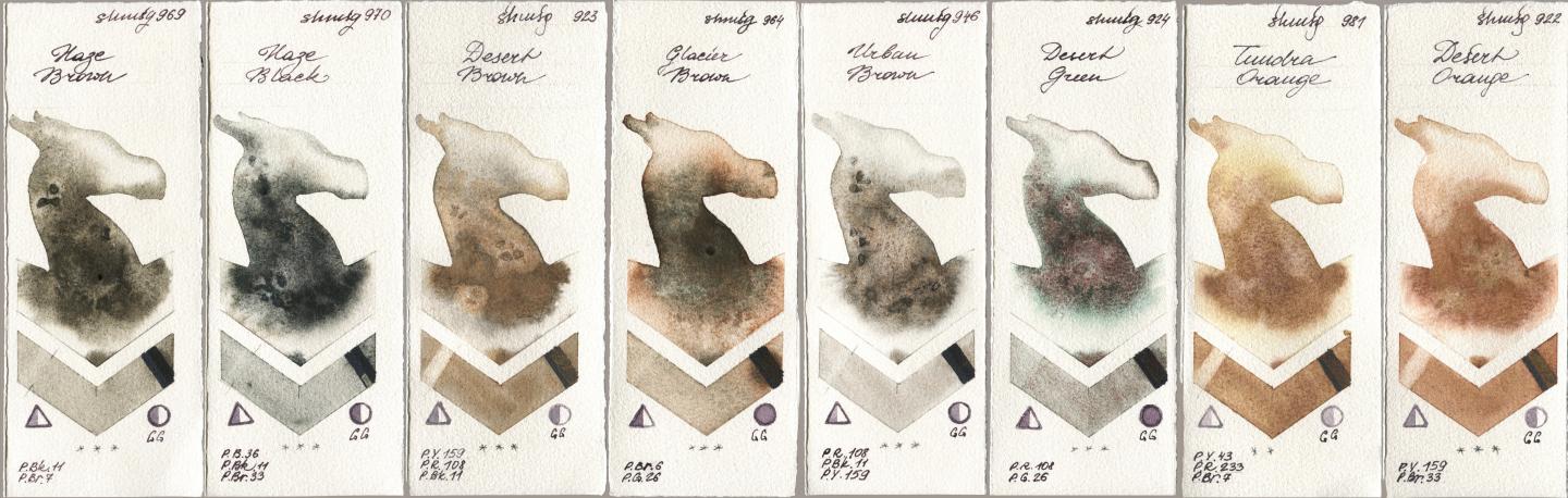 Shminke Horadam Aquarell 969 Haze Brown, 970 Haze Black, 923 Desert Brown, 964 Glacier Brown, 946 Urban Brown, 924 Desert Green, 981 Tundra Orange, 922 Desert Oran watercolor swatch