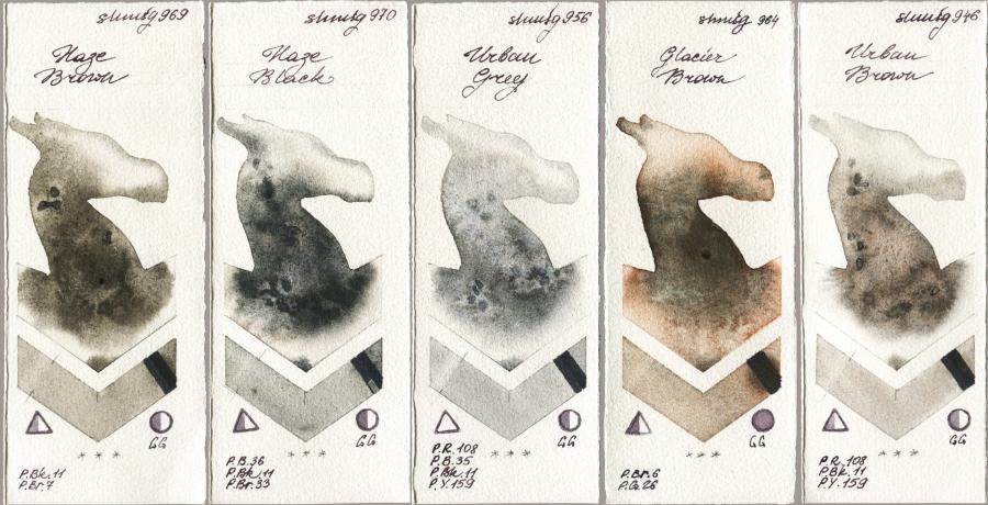 Shminke Horadam Aquarell 969 Haze Brown vs 970 Haze Black vs 956 Urban Grey vs 964 Glacier Brown vs 946 Urban Brown watercolor swatch