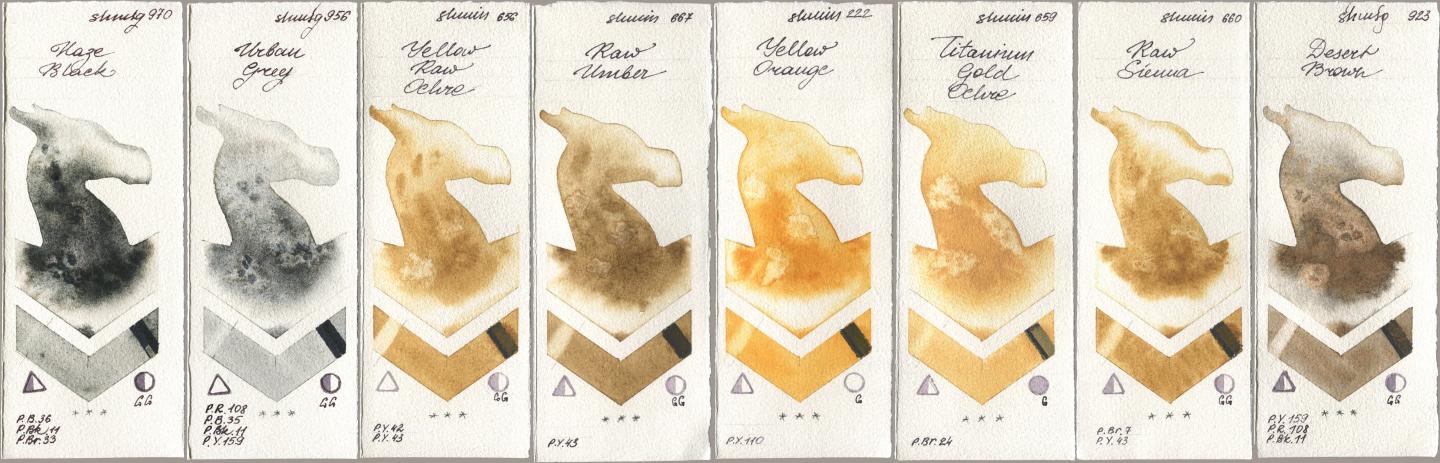 Shminke Horadam Aquarell 970 Haze Black, 956 Urban Grey, 656 Yellow Raw Ochre, 667 Raw Umber, 222 Yellow Orange, 659 Titanium Gold Ochre, 660 Raw Sienna, 923 Desert Bro watercolor swatch
