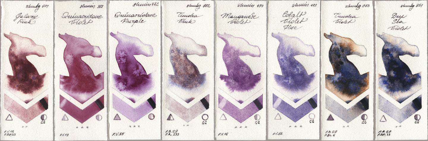 Shminke Horadam Aquarell 971 Galaxy Pink, 368 Quinacridone Violet, 472 Quinacridone Purple, 982 Tundra Pink, 474 Manganese Violet, 473 Cobalt Violet Hue, 983 Tundra Violet, 951 Deep Sea Viol watercolor swatch